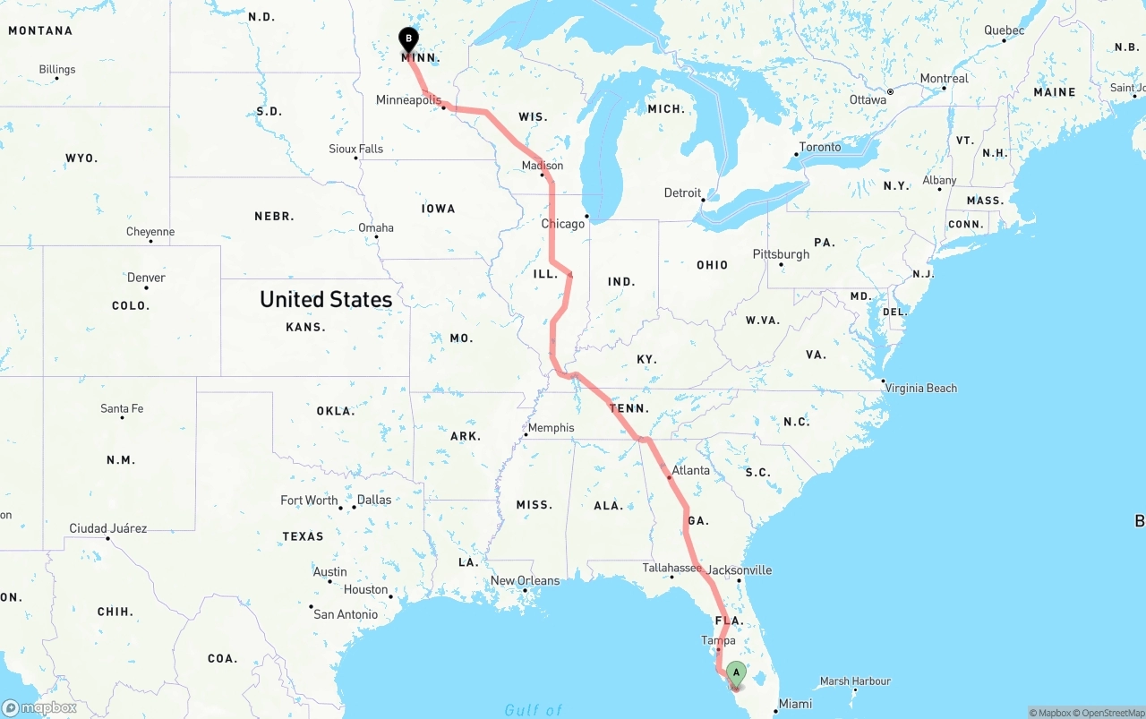 Shipping route from Southwest Florida International Airport to Minnesota