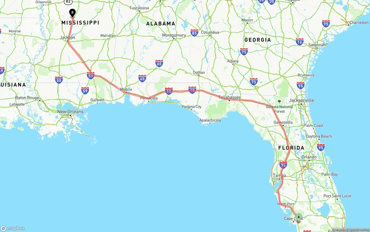 Shipping route from Southwest Florida International Airport to Mississippi