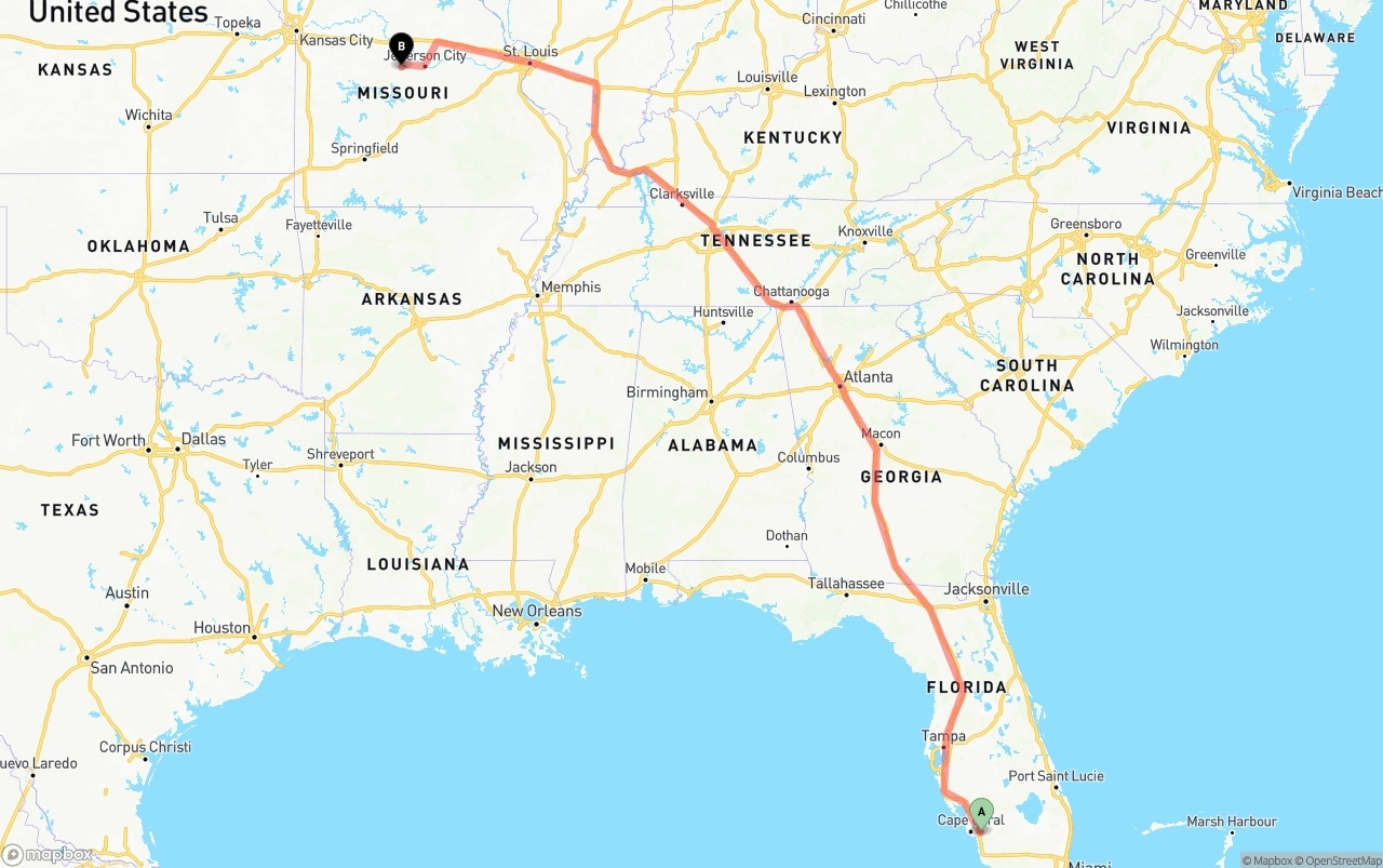 Shipping route from Southwest Florida International Airport to Missouri