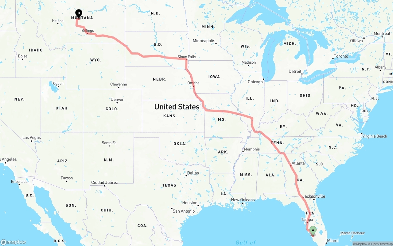 Shipping route from Southwest Florida International Airport to Montana