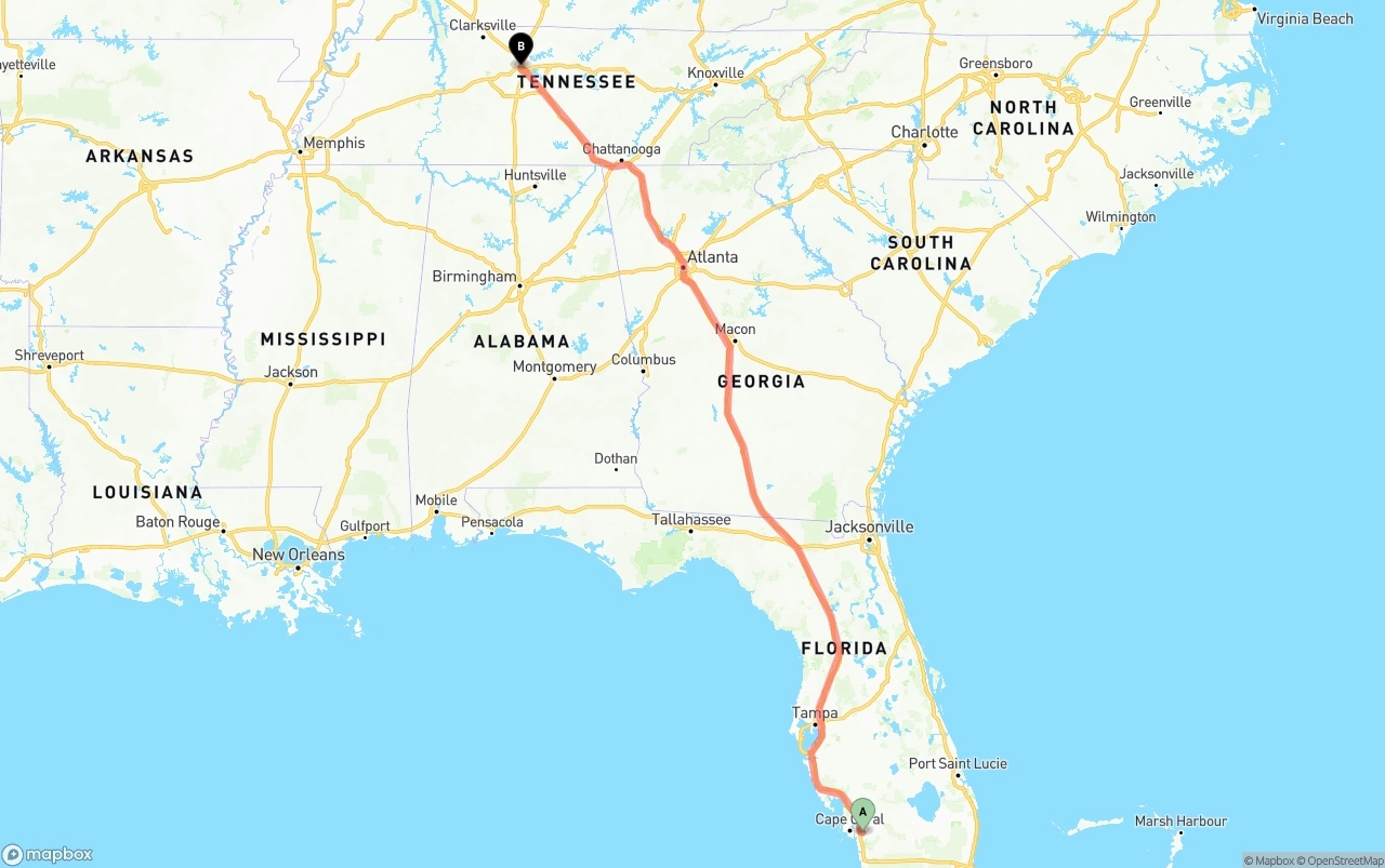 Shipping route from Southwest Florida International Airport to Nashville