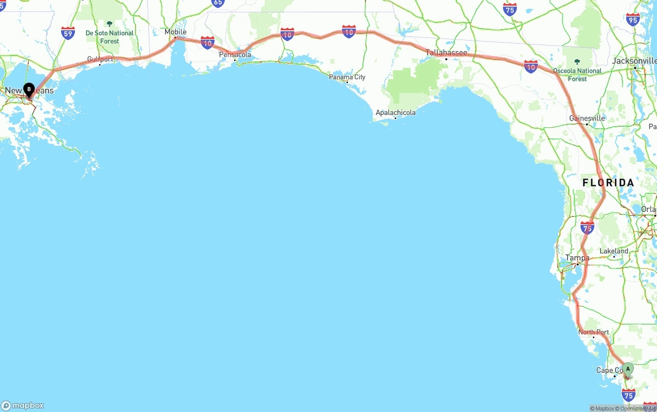 Shipping route from Southwest Florida International Airport to New Orleans
