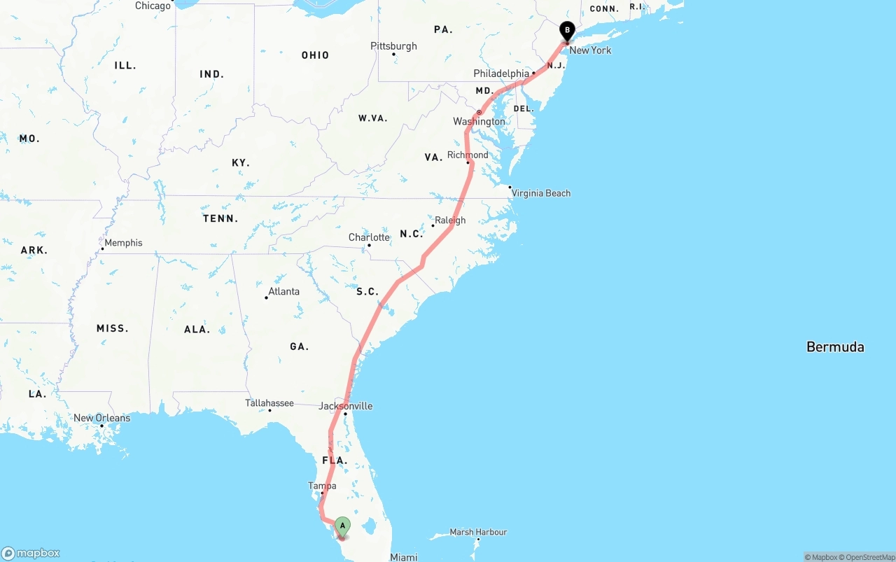 Shipping route from Southwest Florida International Airport to New York City