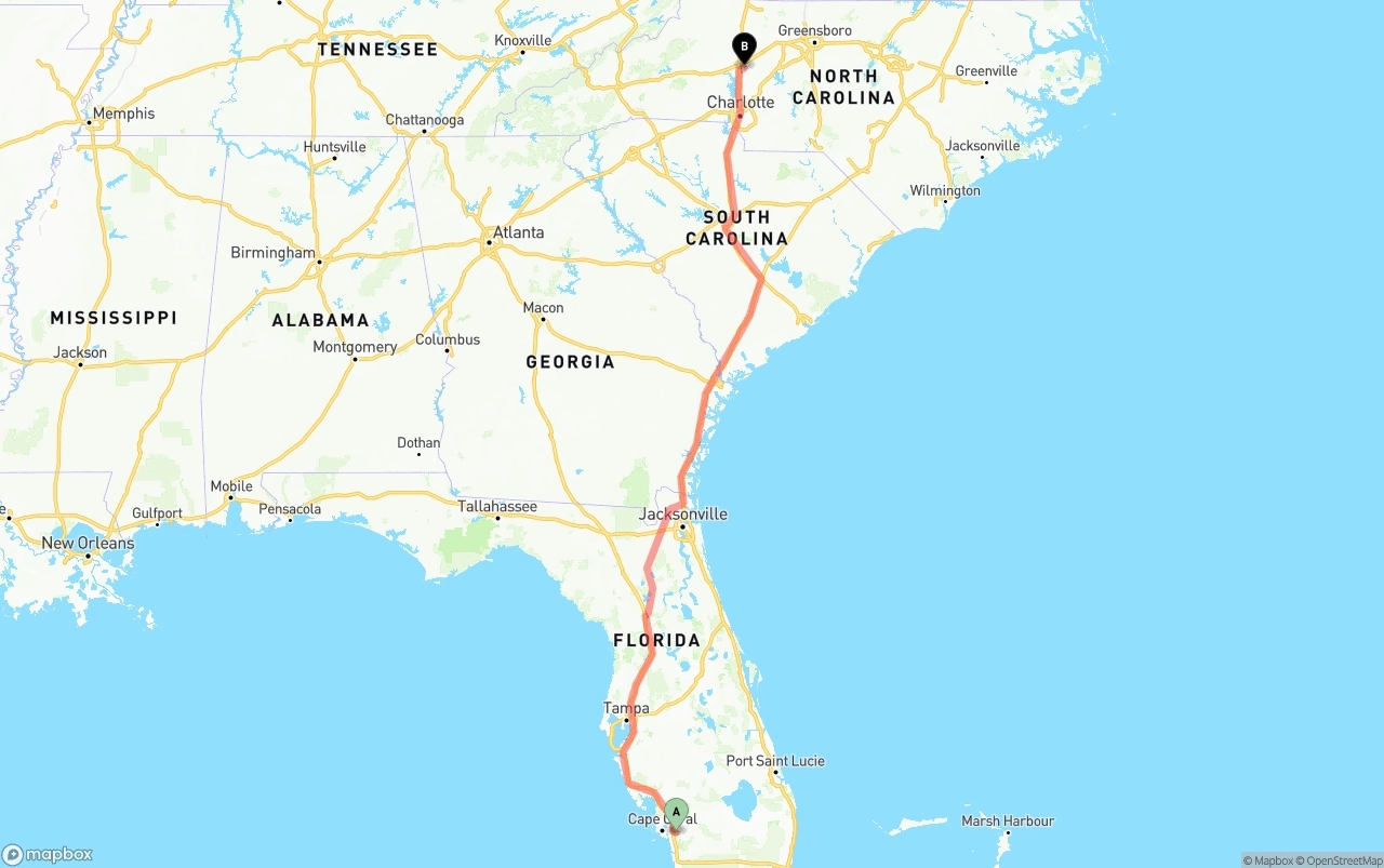 Shipping route from Southwest Florida International Airport to North Carolina