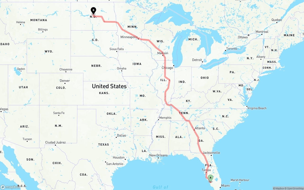 Shipping route from Southwest Florida International Airport to North Dakota