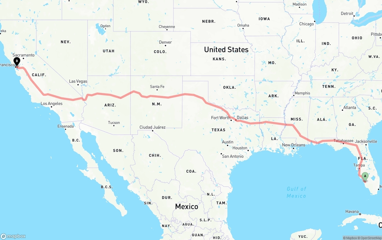 Shipping route from Southwest Florida International Airport to Oakland