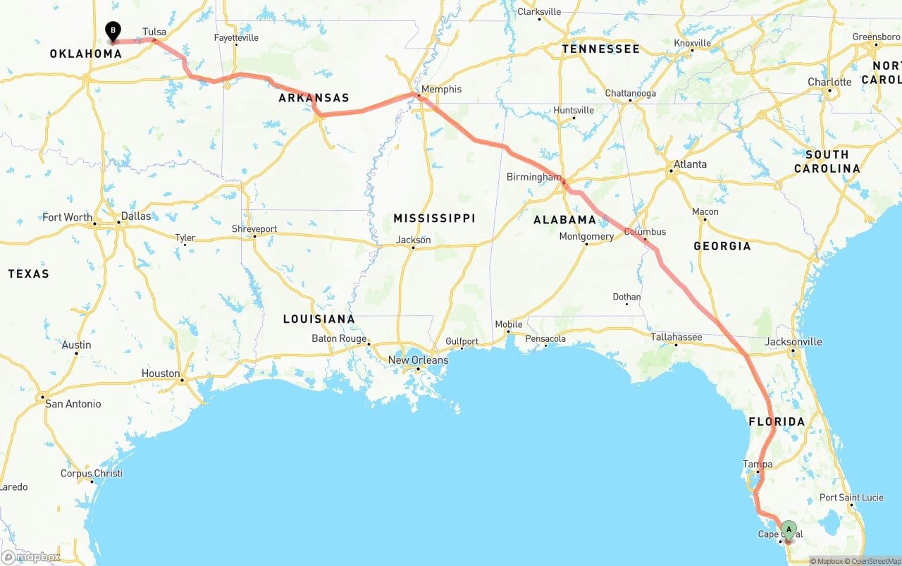 Shipping route from Southwest Florida International Airport to Oklahoma