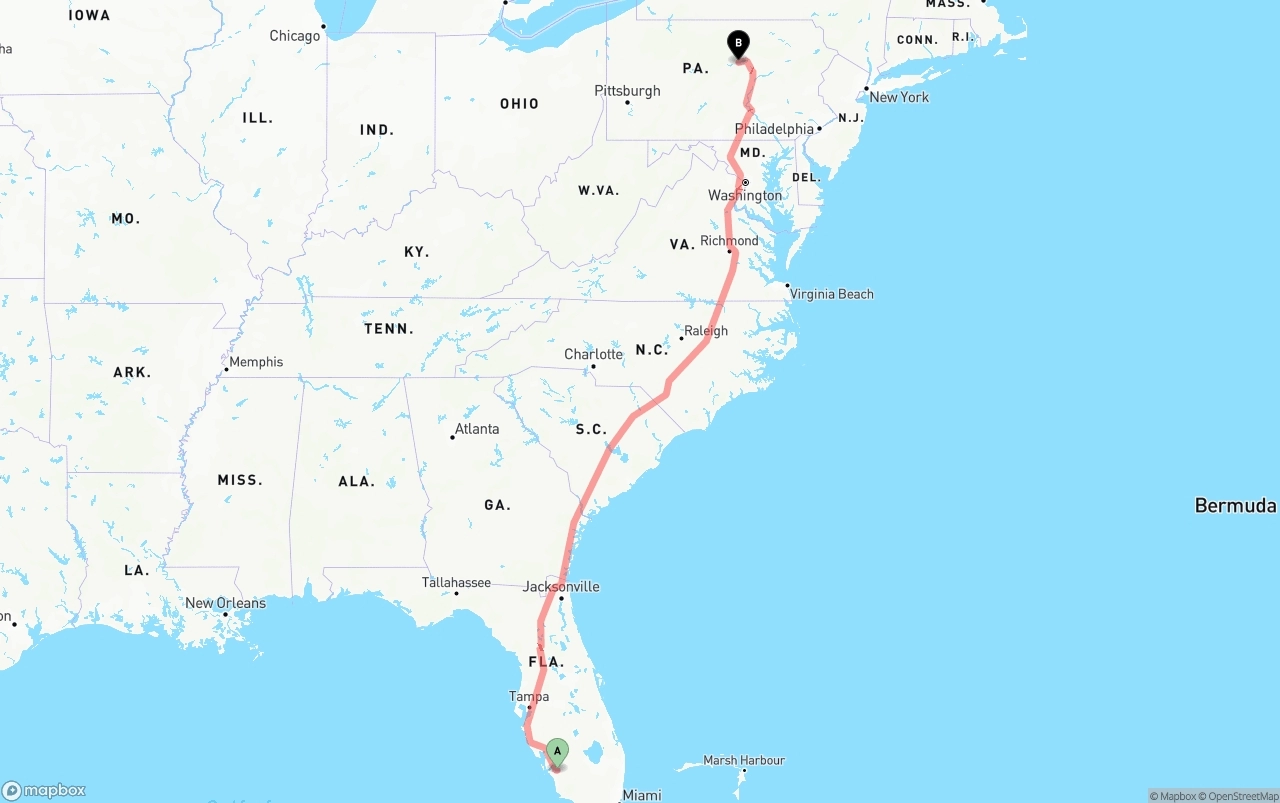 Shipping route from Southwest Florida International Airport to Pennsylvania