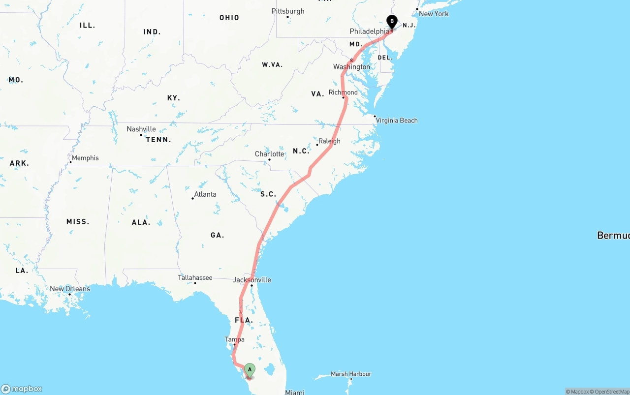 Shipping route from Southwest Florida International Airport to Philadelphia