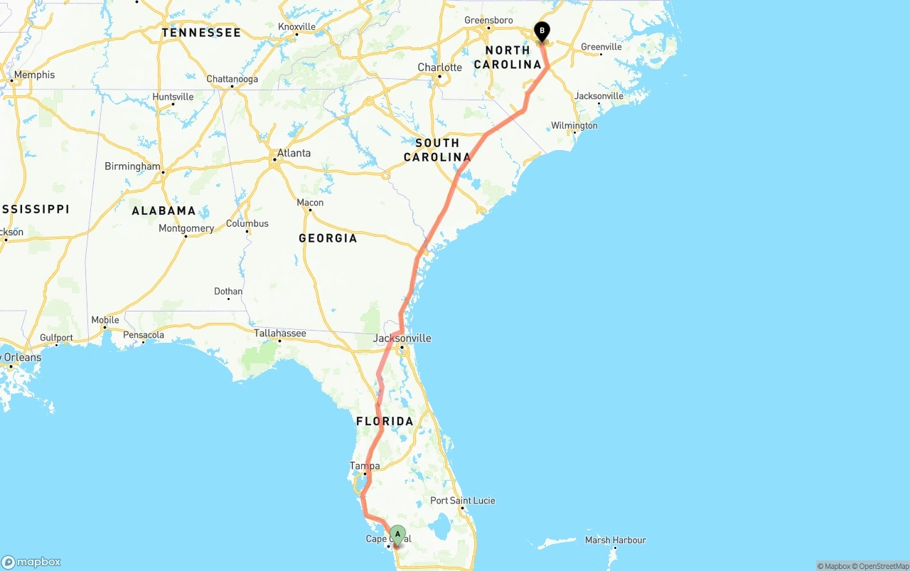 Shipping route from Southwest Florida International Airport to Raleigh