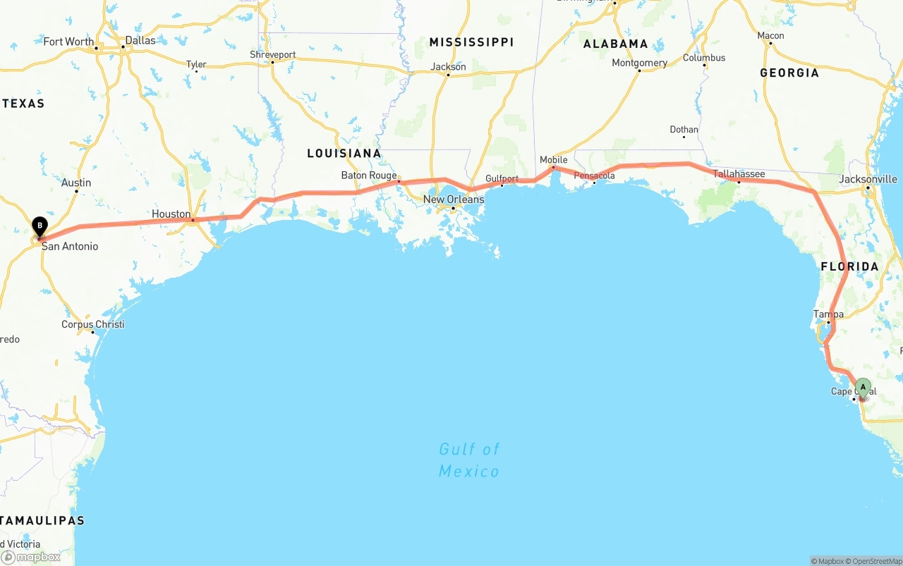 Shipping route from Southwest Florida International Airport to San Antonio