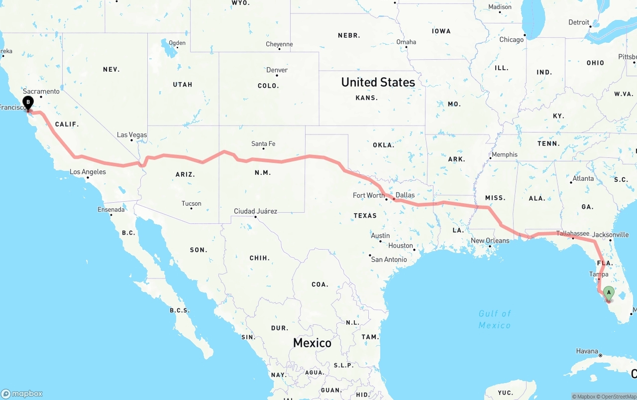 Shipping route from Southwest Florida International Airport to San Francisco