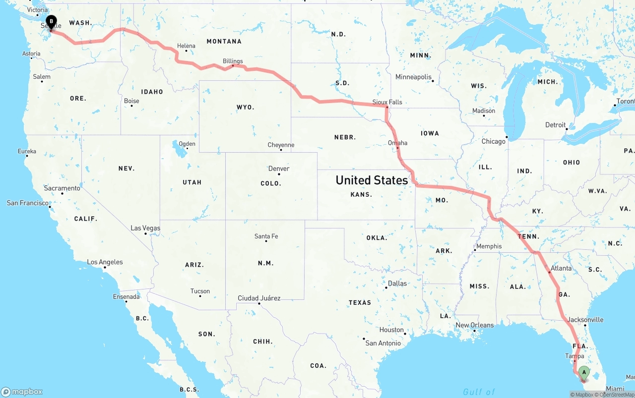 Shipping route from Southwest Florida International Airport to Seattle