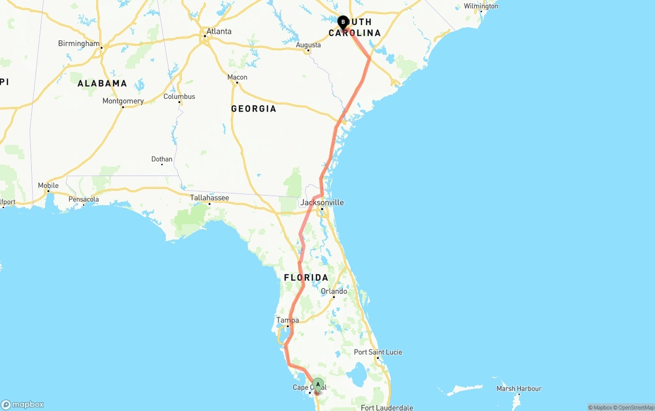 Shipping route from Southwest Florida International Airport to South Carolina