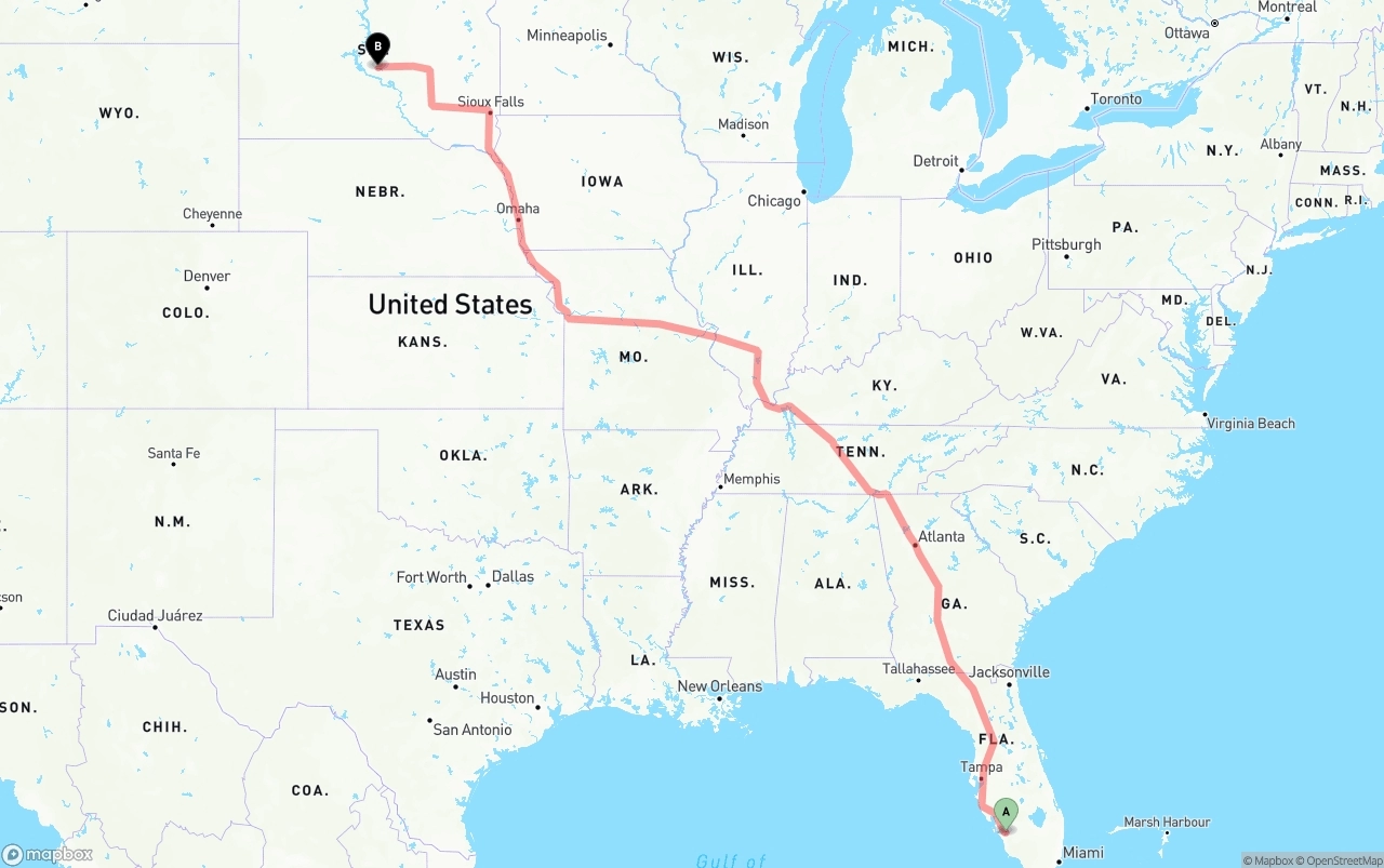 Shipping route from Southwest Florida International Airport to South Dakota