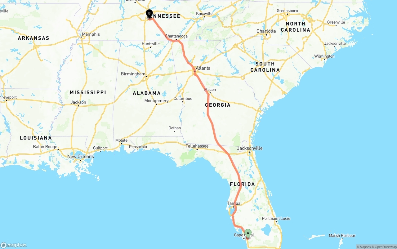 Shipping route from Southwest Florida International Airport to Tennessee