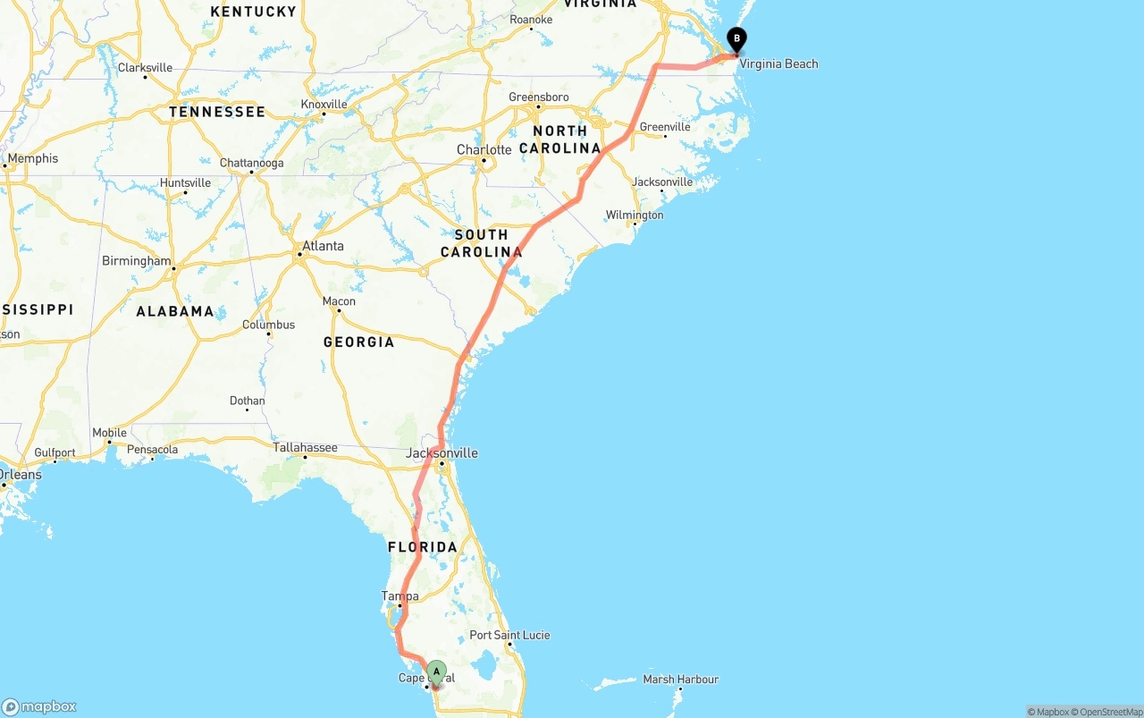 Shipping route from Southwest Florida International Airport to Virginia Beach