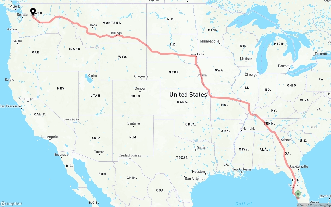 Shipping route from Southwest Florida International Airport to Washington