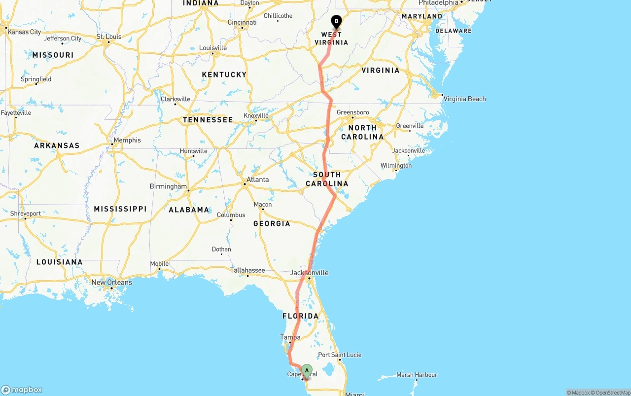 Shipping route from Southwest Florida International Airport to West Virginia
