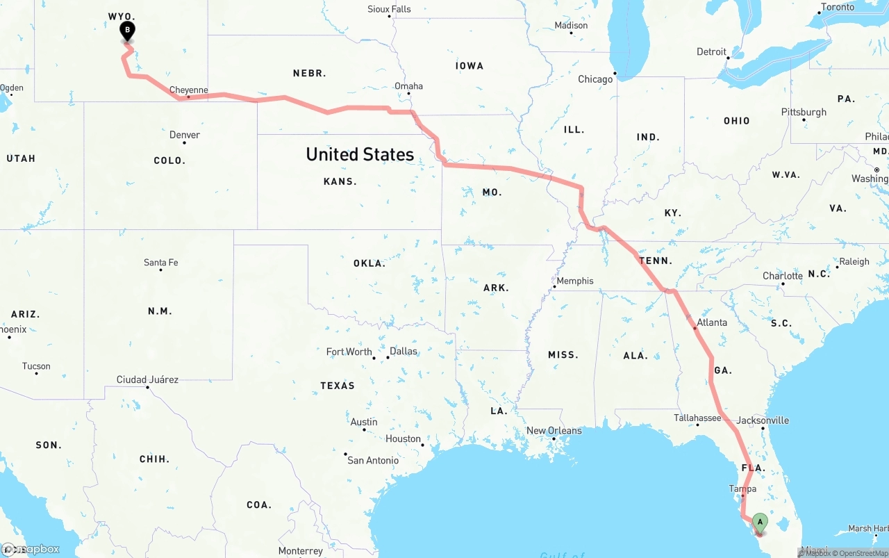Shipping route from Southwest Florida International Airport to Wyoming