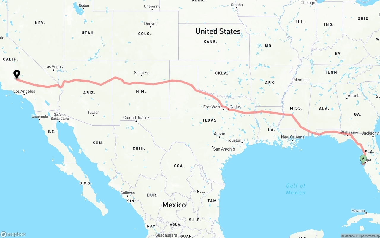 Shipping route from St. Petersburg to Bakersfield
