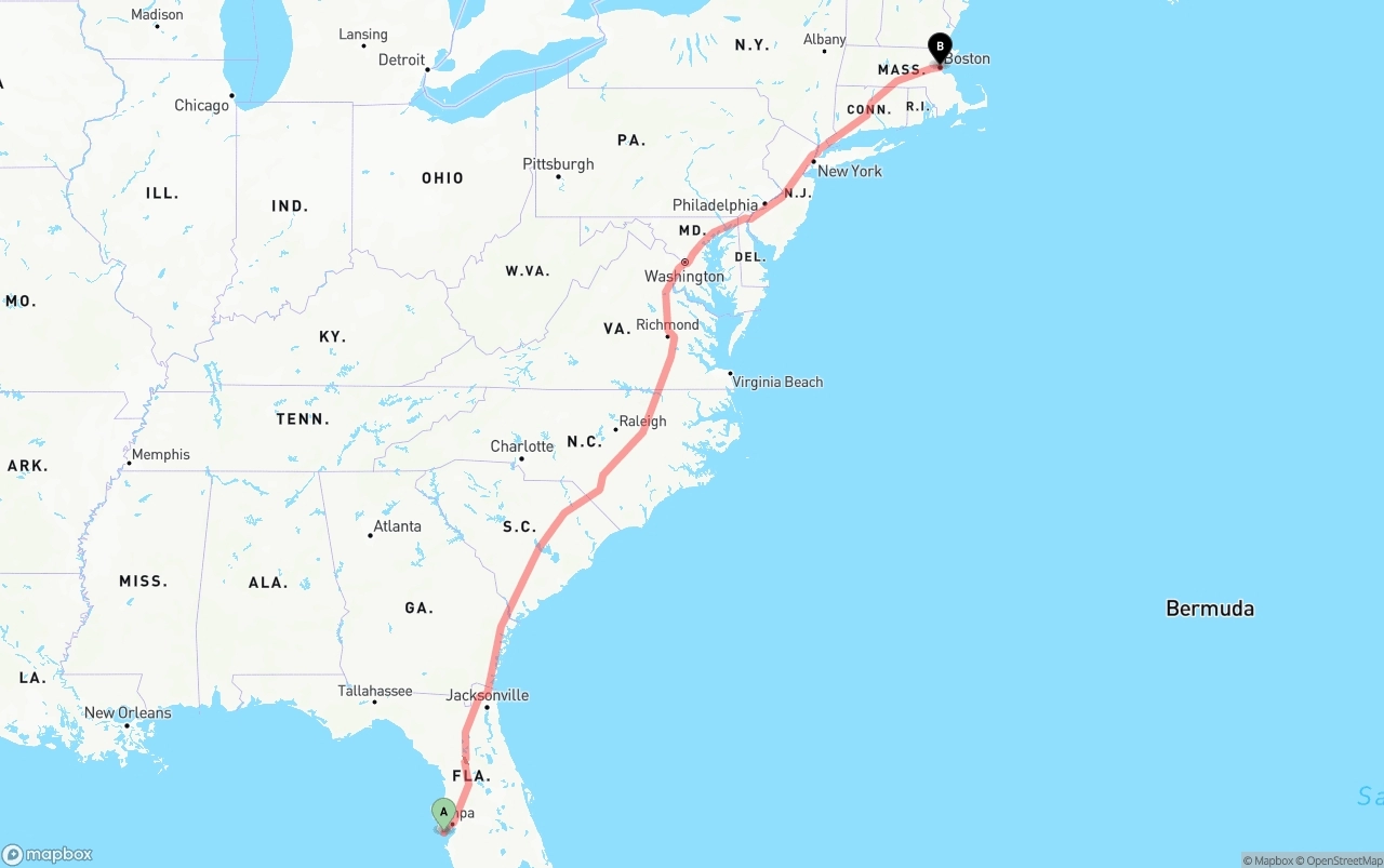 Shipping route from St. Petersburg to Boston