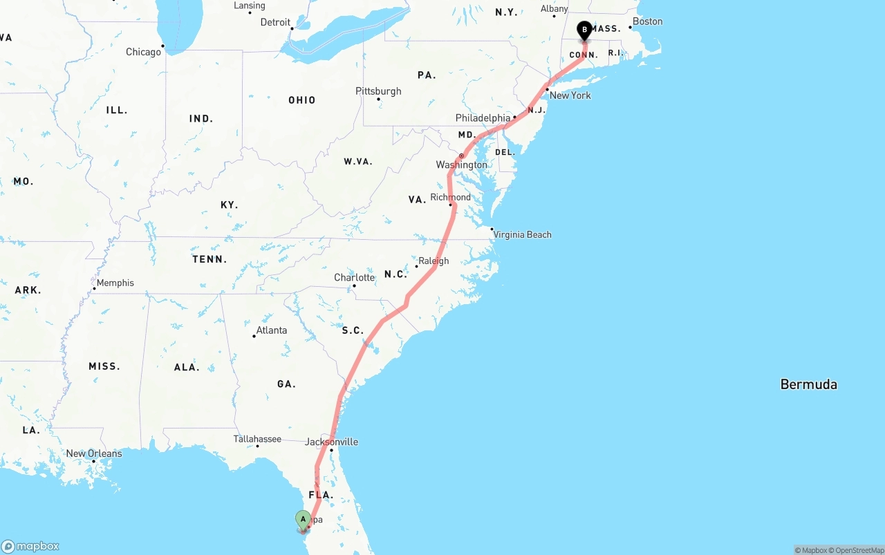 Shipping route from St. Petersburg to Bradley International Airport