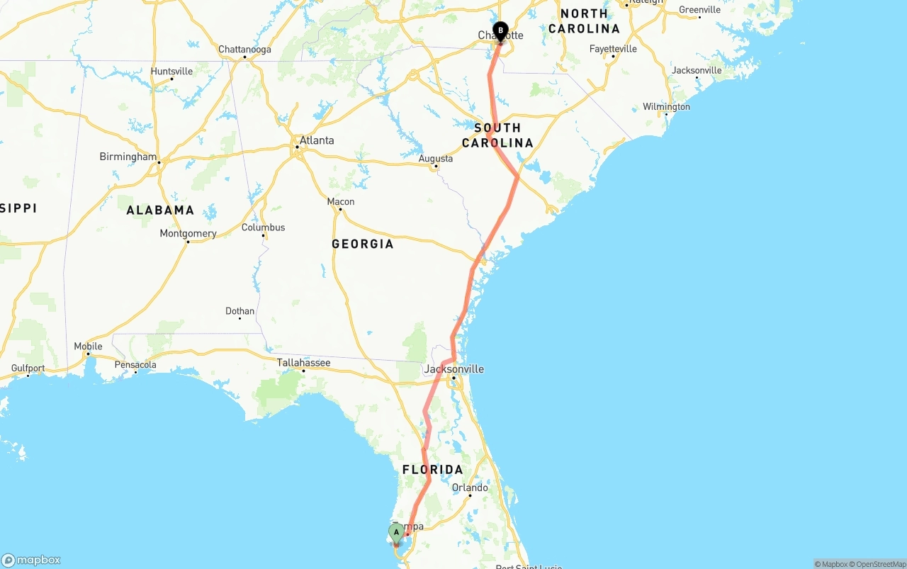 Shipping route from St. Petersburg to Charlotte