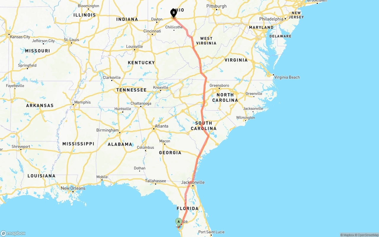 Shipping route from St. Petersburg to Columbus