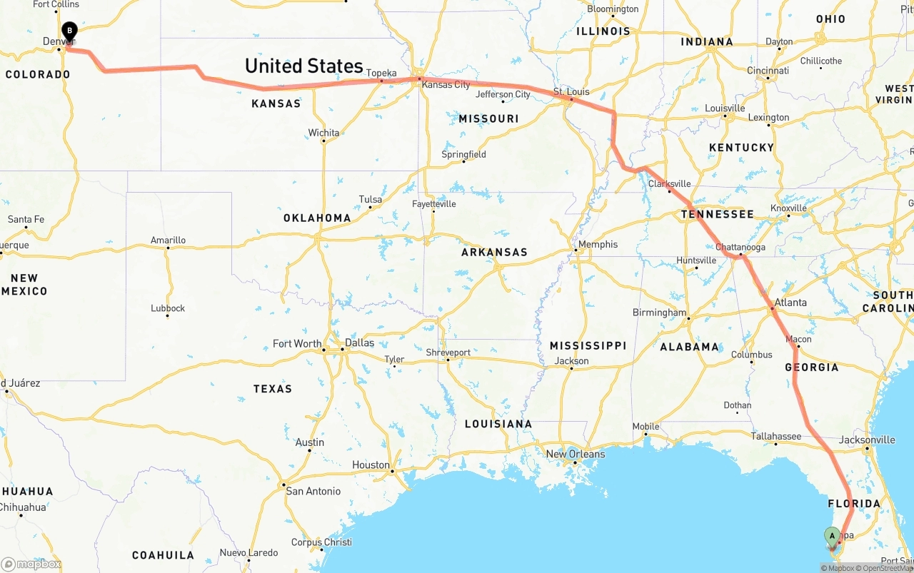 Shipping route from St. Petersburg to Denver International Airport