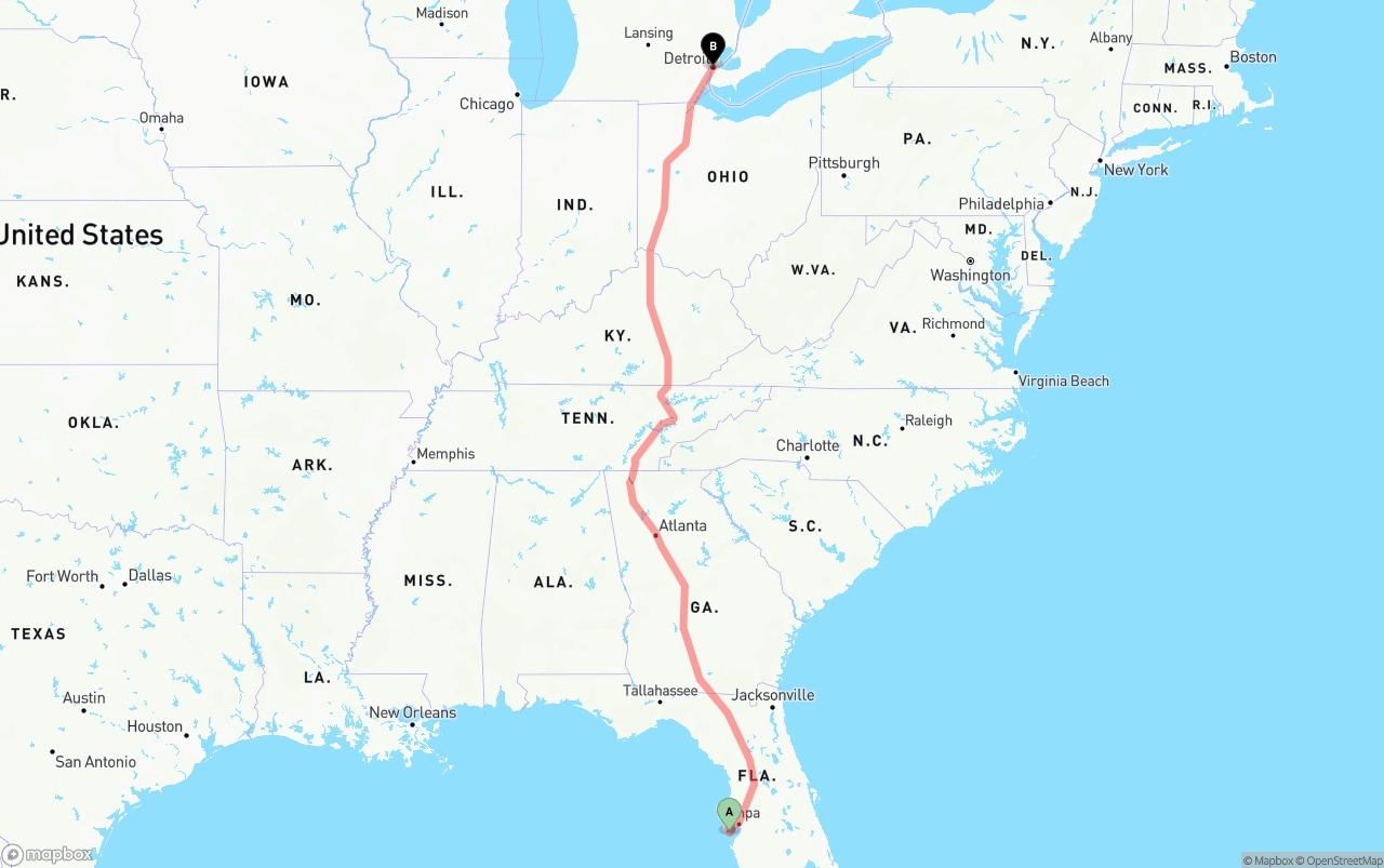 Shipping route from St. Petersburg to Detroit