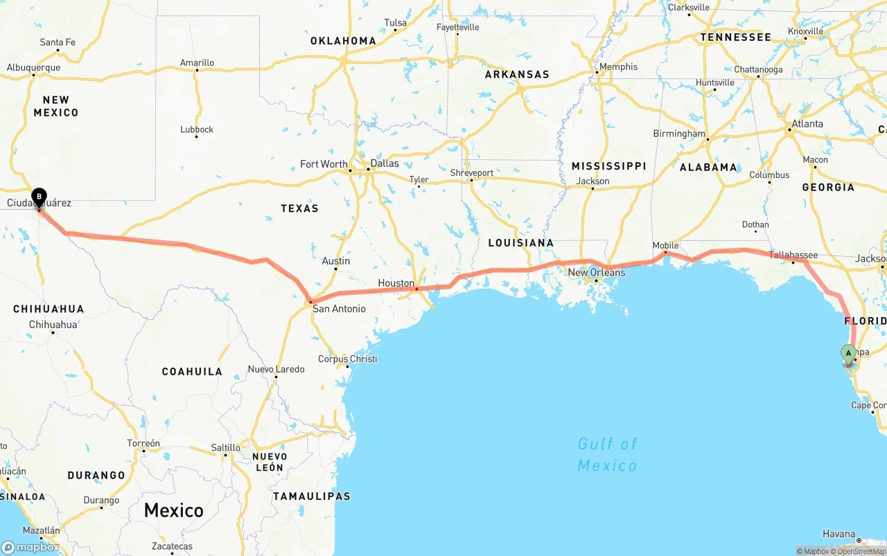 Shipping route from St. Petersburg to El Paso