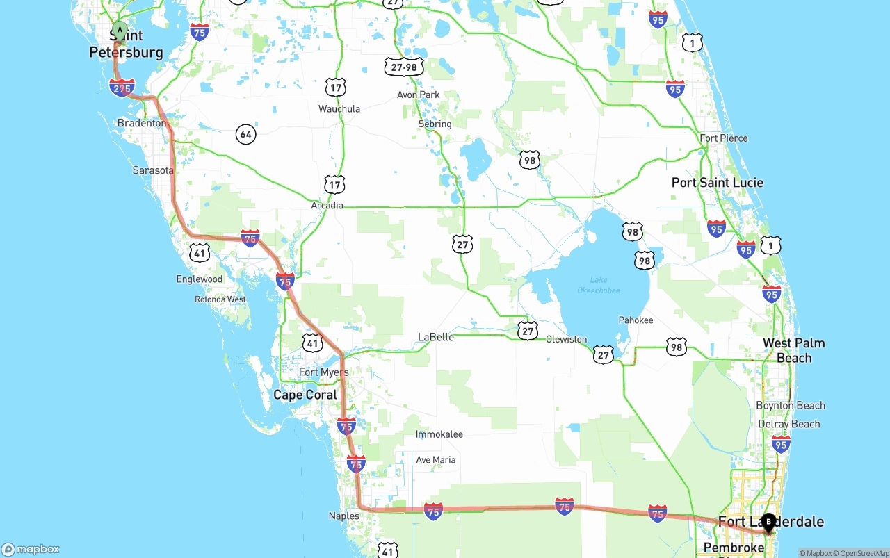 Shipping route from St. Petersburg to Fort Lauderdale-Hollywood International Airport