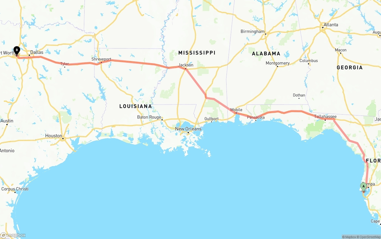 Shipping route from St. Petersburg to Fort Worth