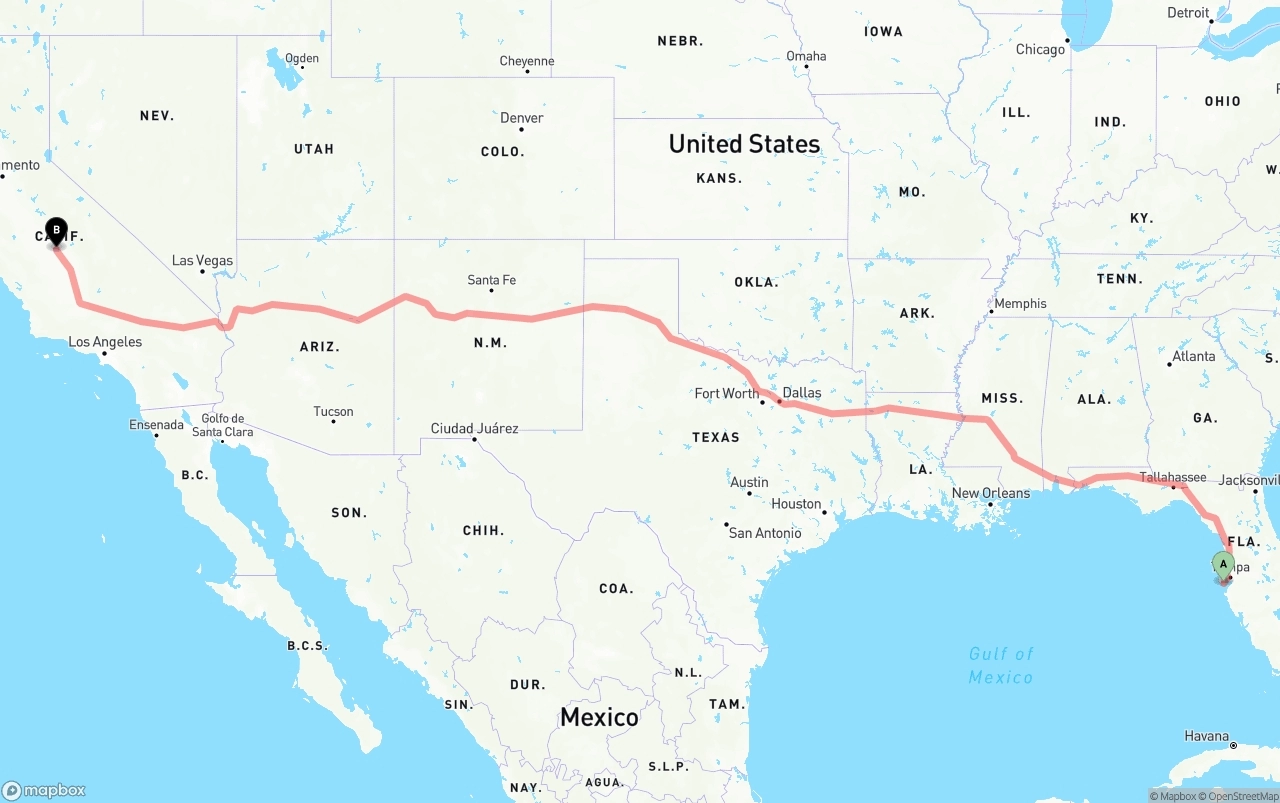 Shipping route from St. Petersburg to Fresno