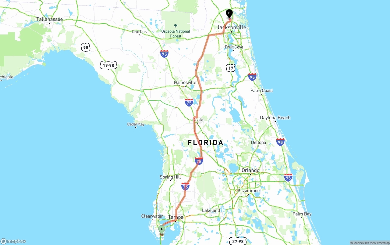Shipping route from St. Petersburg to Jacksonville International Airport