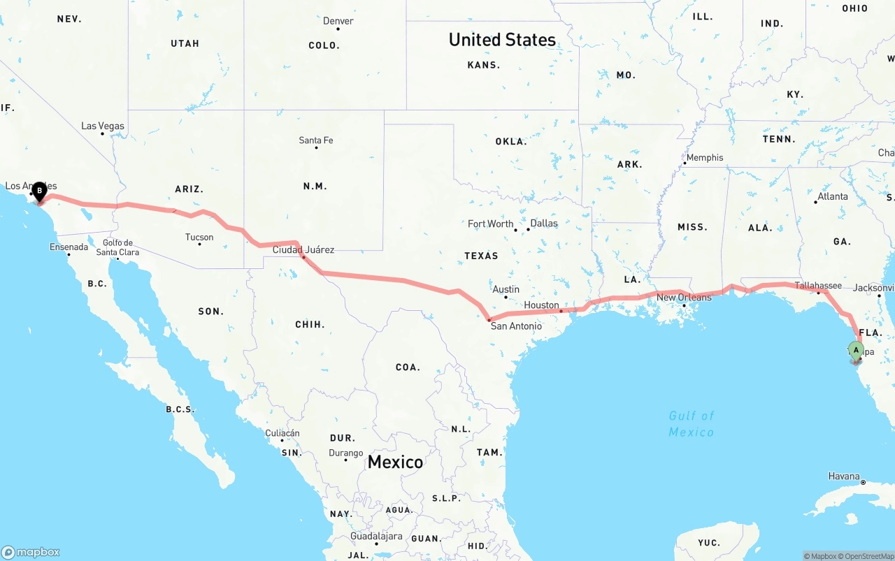 Shipping route from St. Petersburg to John Wayne Airport — Orange County