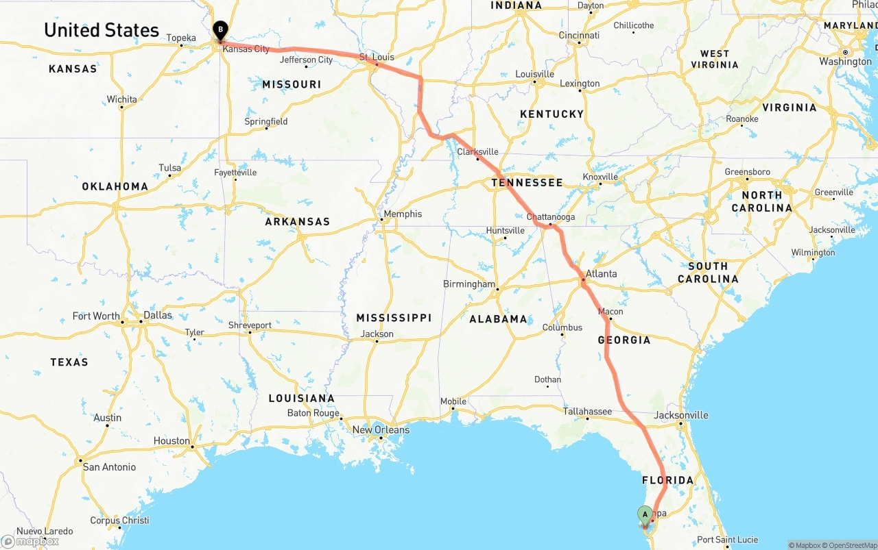 Shipping route from St. Petersburg to Kansas City