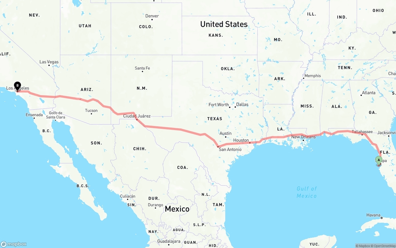Shipping route from St. Petersburg to Los Angeles
