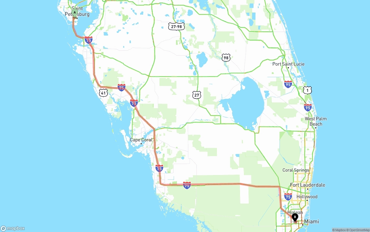 Shipping route from St. Petersburg to Miami International Airport