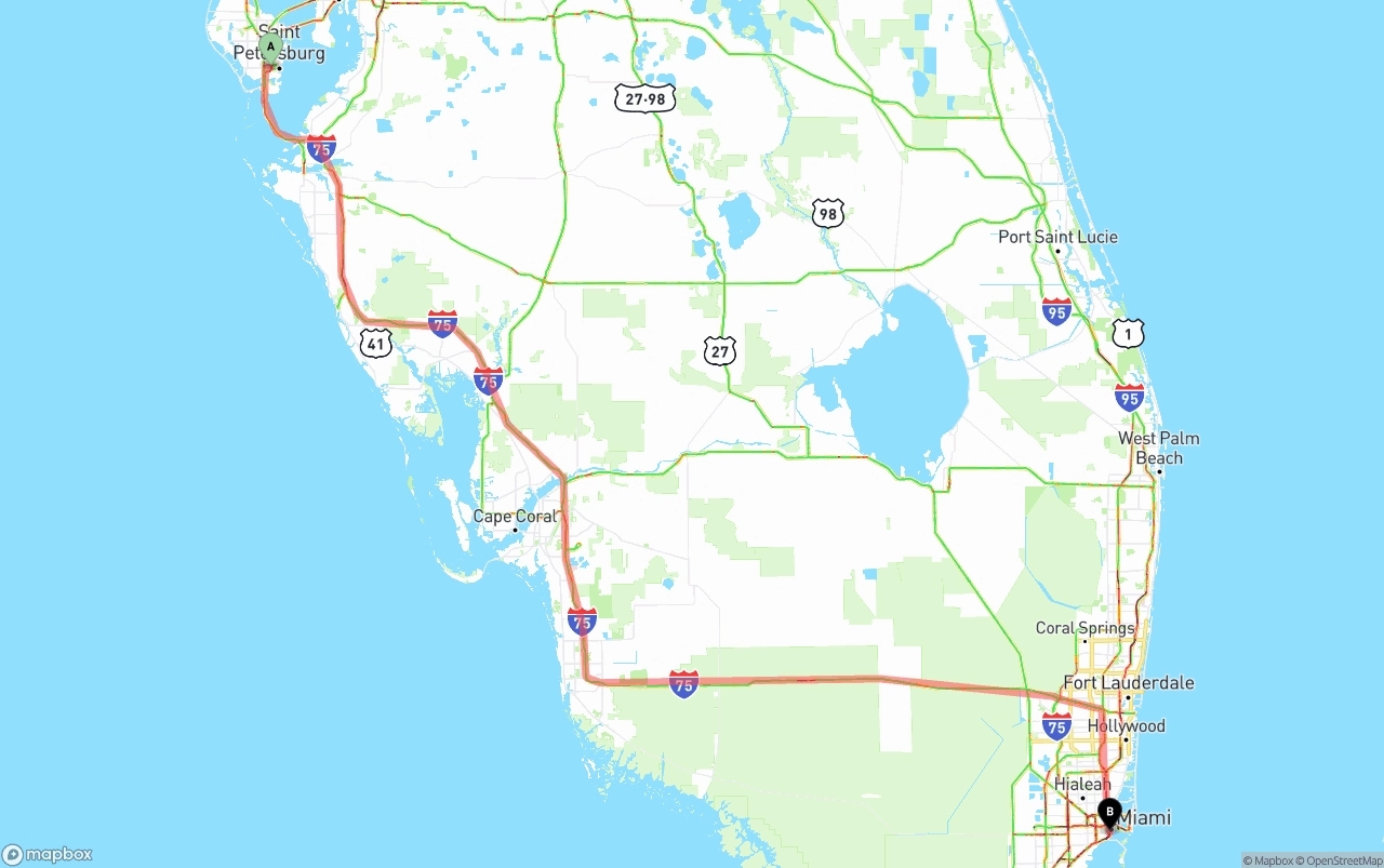Shipping route from St. Petersburg to Miami