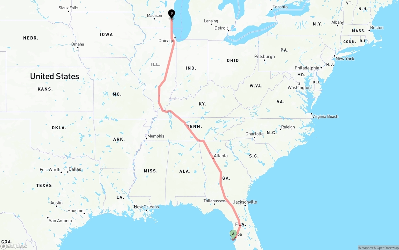 Shipping route from St. Petersburg to Milwaukee