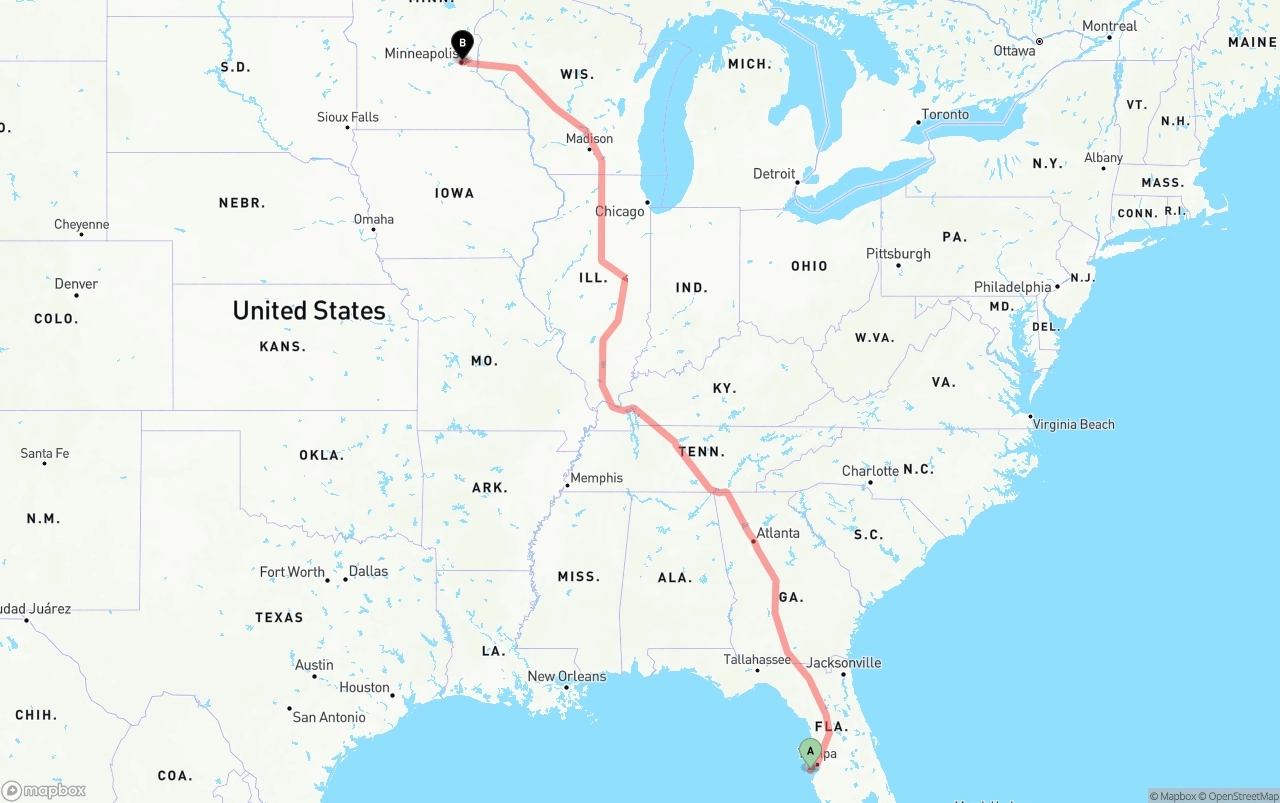 Shipping route from St. Petersburg to Minneapolis