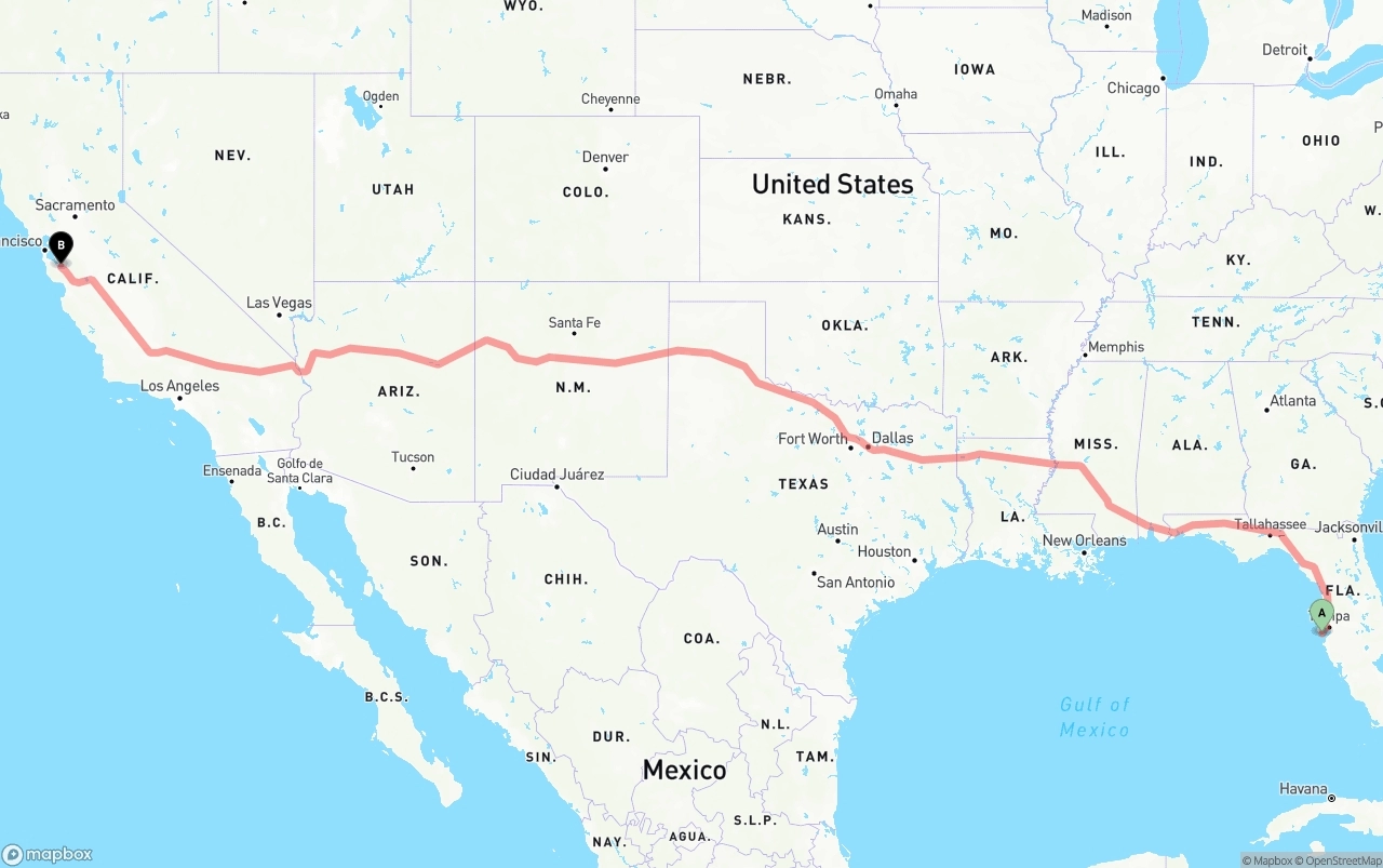 Shipping route from St. Petersburg to Norman Y. Mineta San Jose International Airport