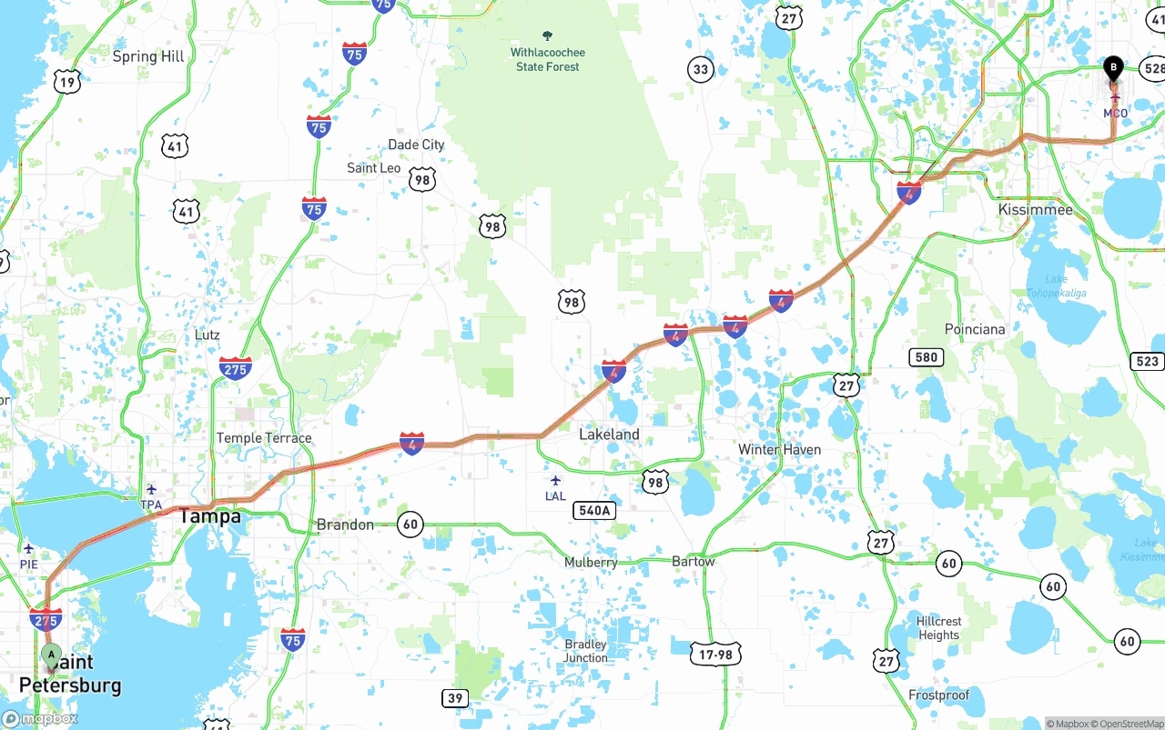 Shipping route from St. Petersburg to Orlando International Airport