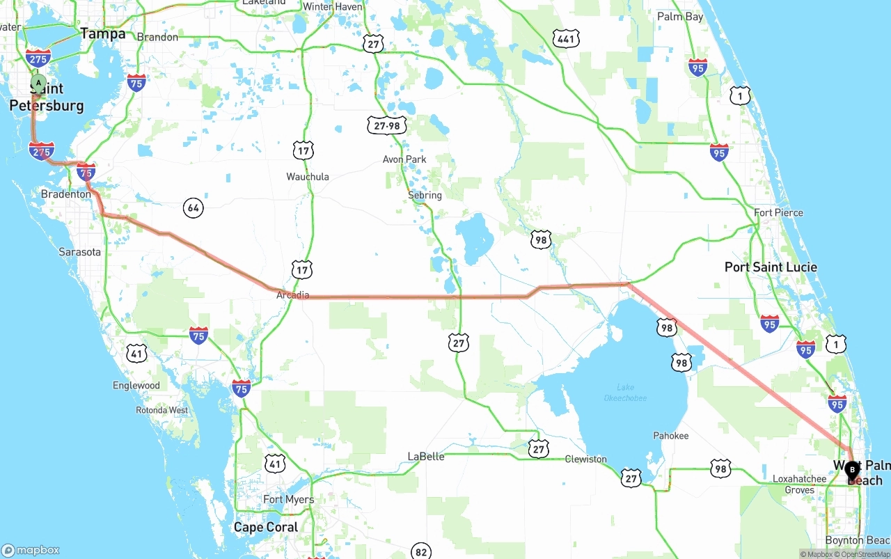 Shipping route from St. Petersburg to Palm Beach International Airport