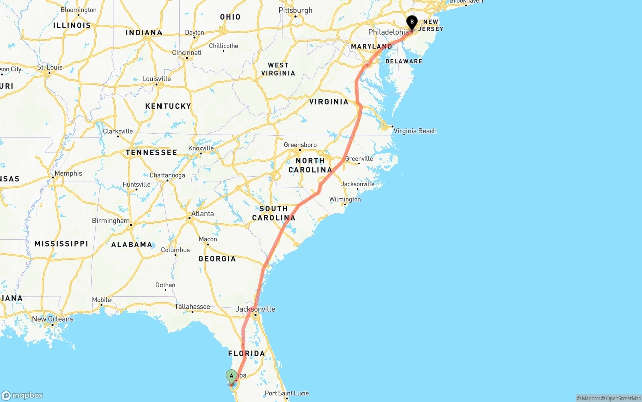 Shipping route from St. Petersburg to Philadelphia