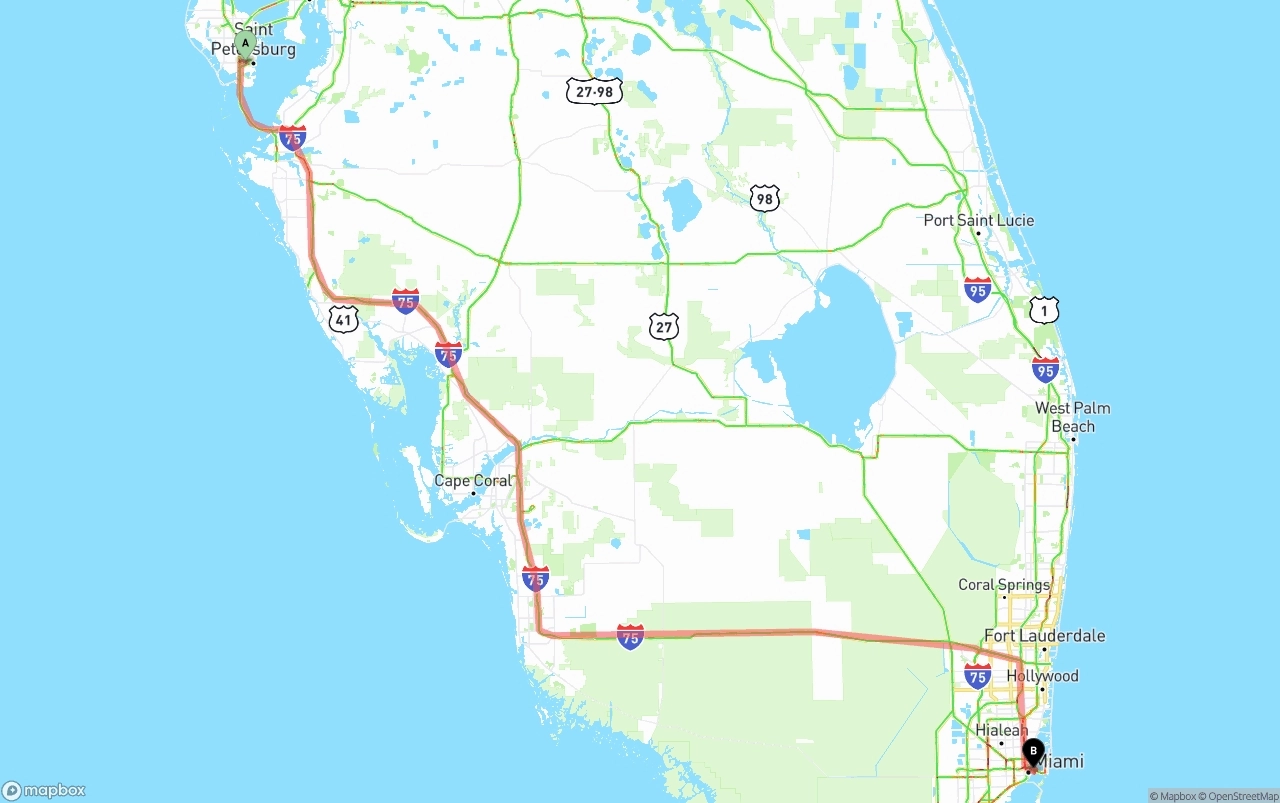 Shipping route from St. Petersburg to Port of Miami