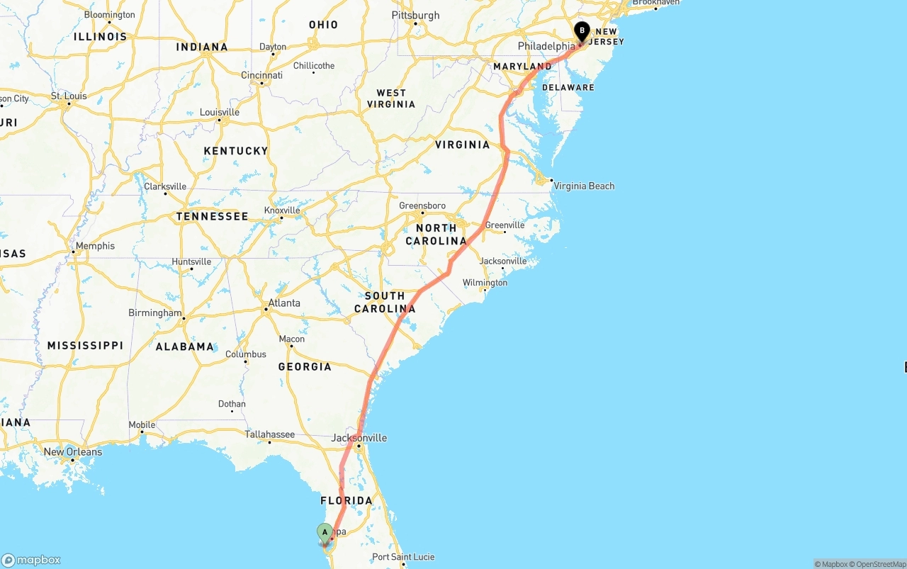 Shipping route from St. Petersburg to Port of Philadelphia