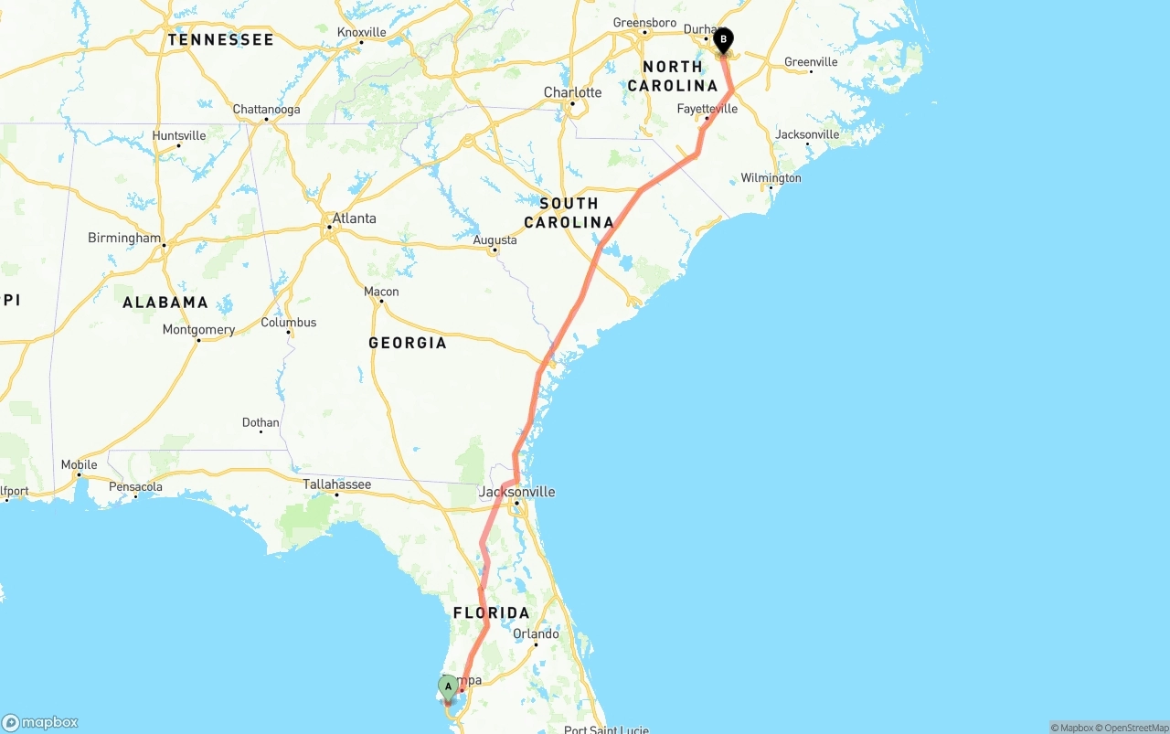 Shipping route from St. Petersburg to Raleigh